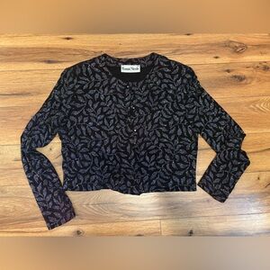 Ronni Nicole Black Glitter Leaf-Print Cropped Cardigan